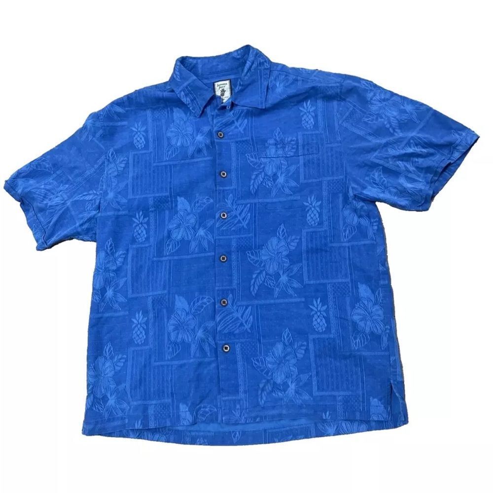 Jamaica Jaxx 100% Silk Pineapple Hawaiian Shirt Men L Blue Beach Island Casual L